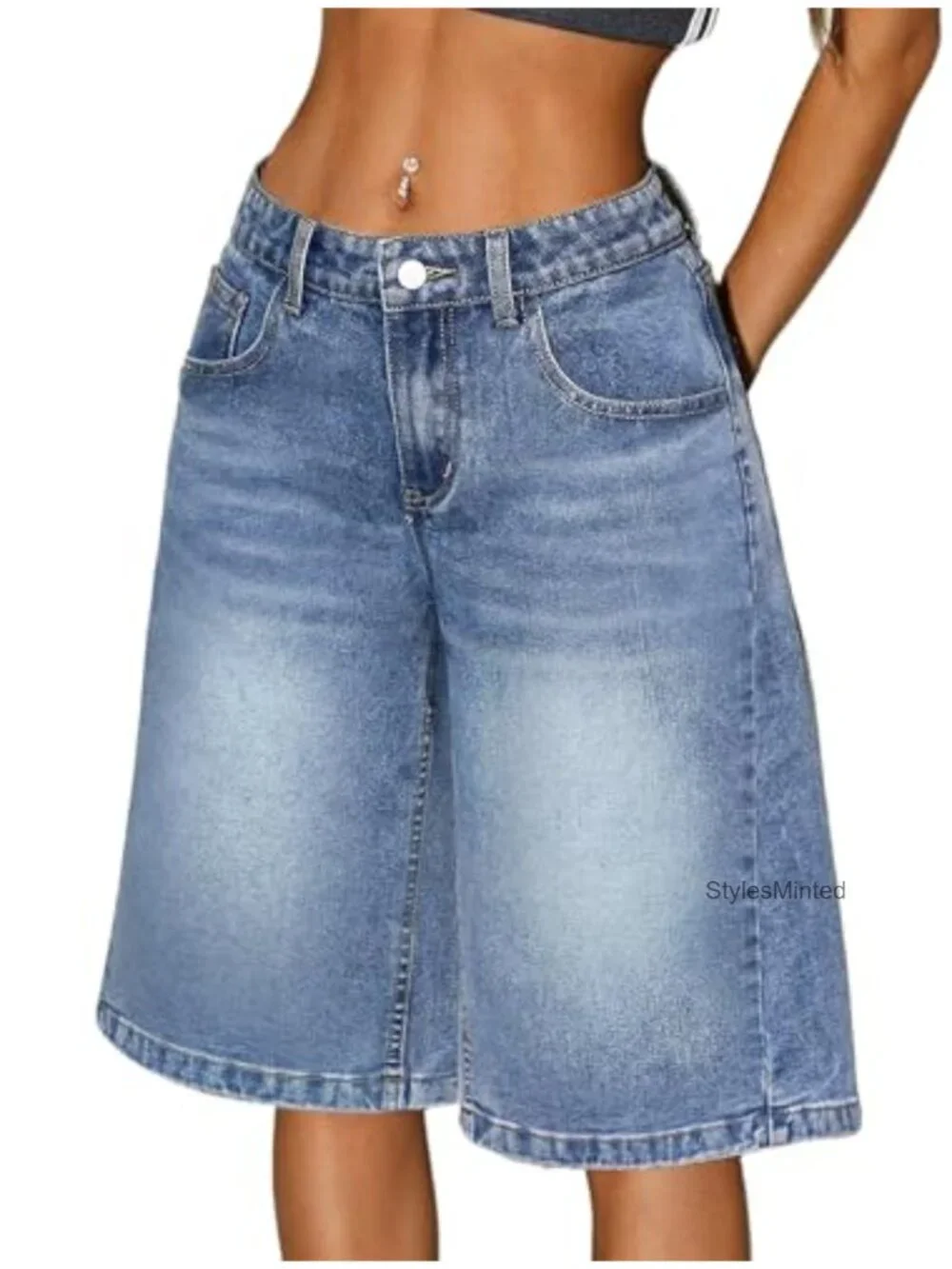 Mid-Low Waisted Baggy Denim Bermuda Shorts Y2k Long Jorts